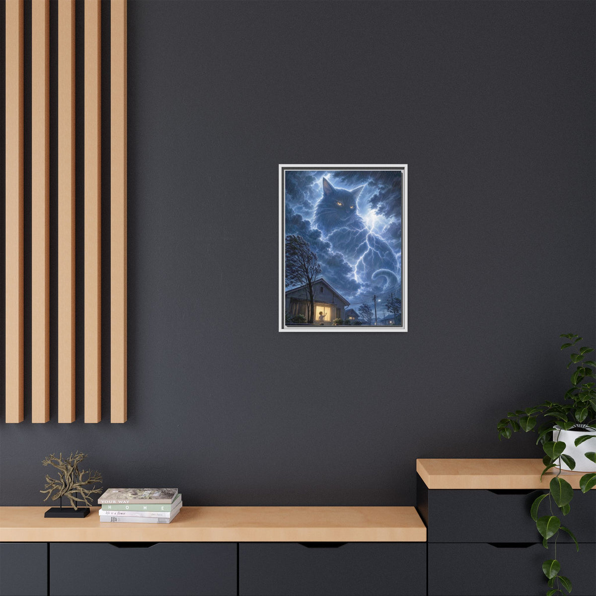 Never Fear the Storm — Lightning Cat Framed Matte Canvas