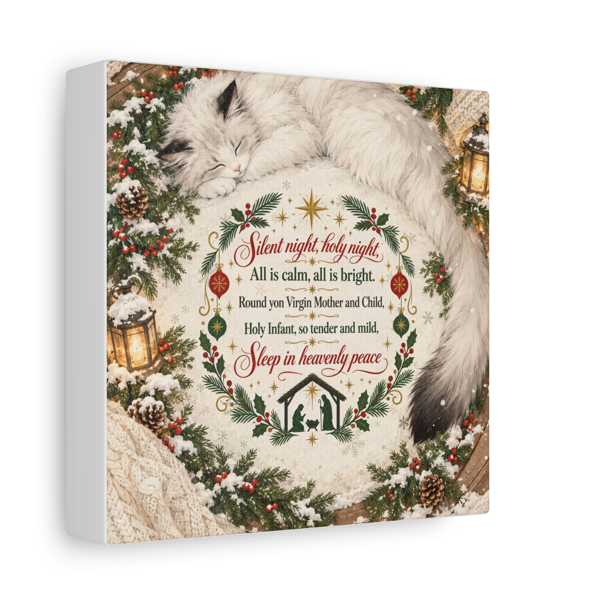 Silent Night Carol — Christmas Cat Nativity Canvas Wall Art