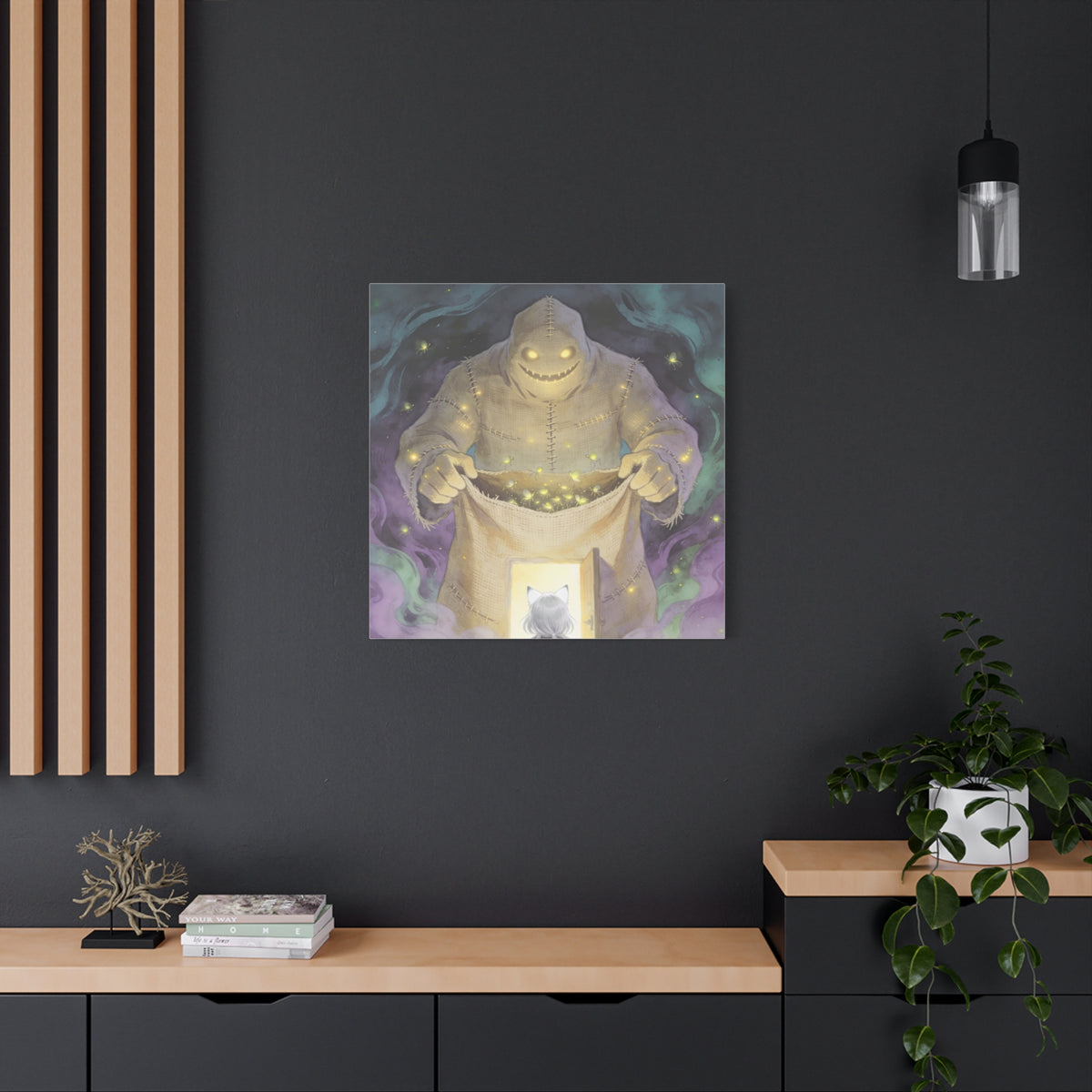 Nothing Gets Past Him — Halloween Night Guardian Canvas, Monster & Cat Doorway Art