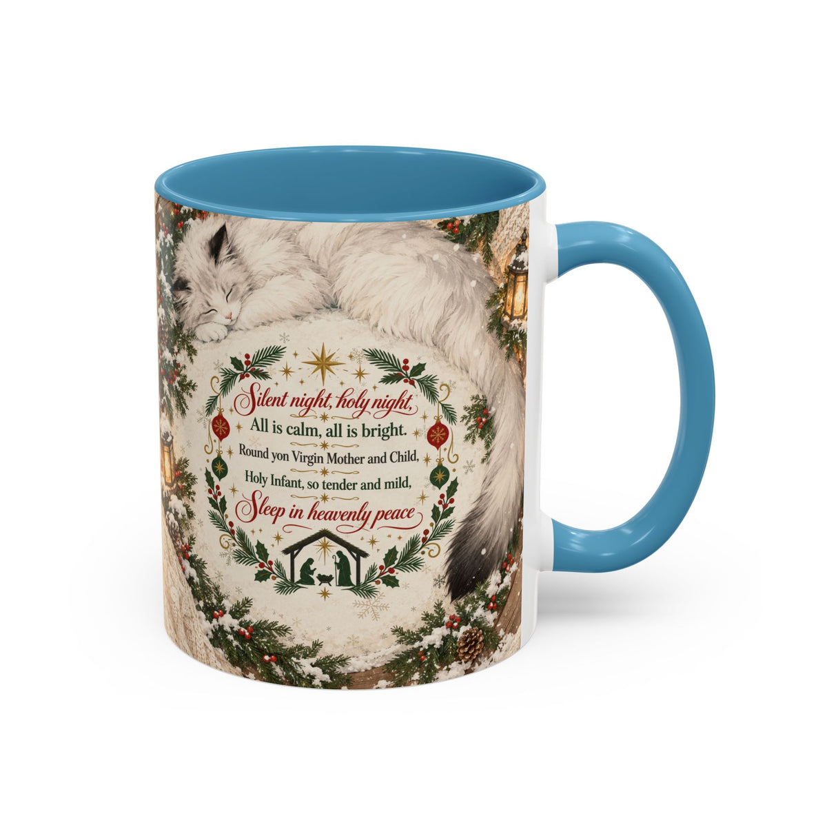 Silent Night Carol — Christmas Cat Accent Mug (11oz / 15oz)