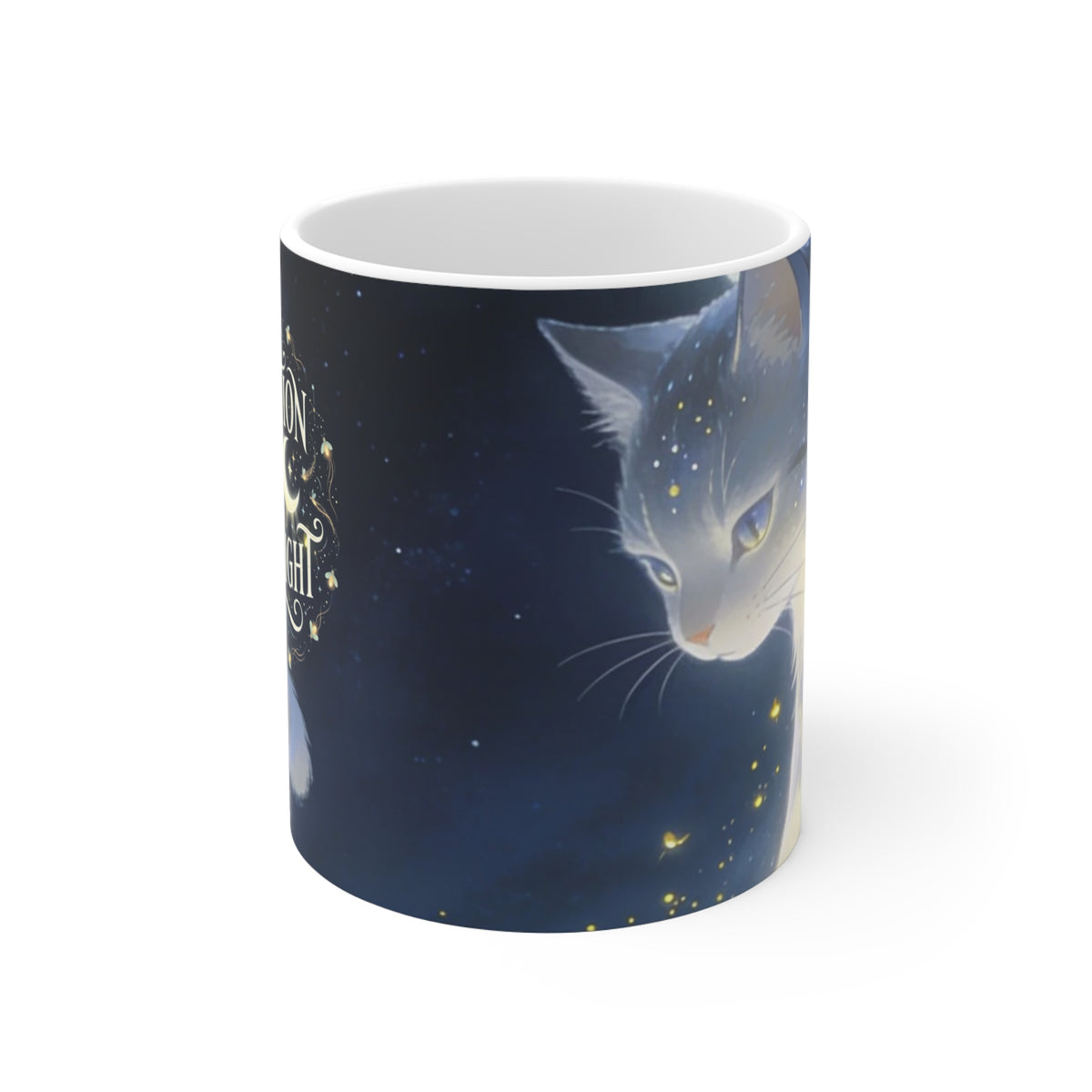 The Moon Keeps Watch — Moon Guardian Cat Ceramic Mug, 11 oz