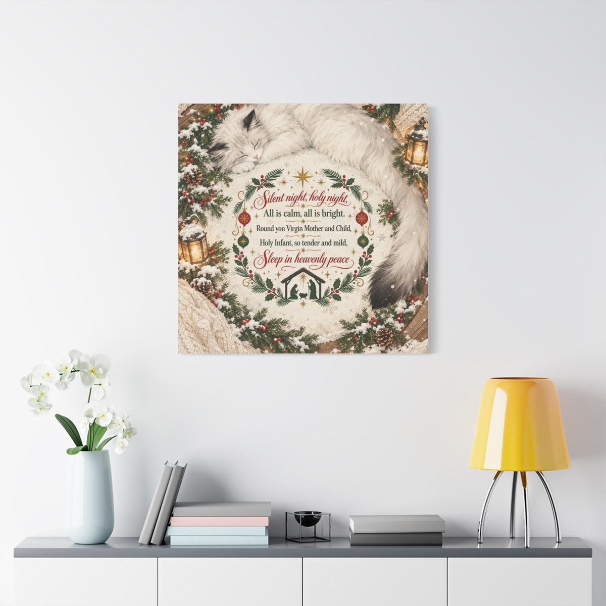 Silent Night Carol — Christmas Cat Nativity Canvas Wall Art
