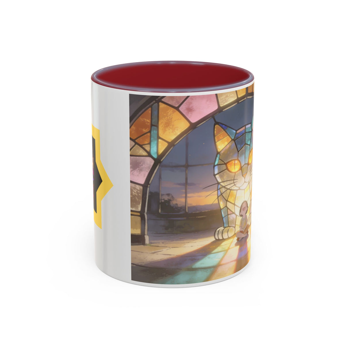 Glasslight Watch — Stained Glass Guardian Cat Accent Mug, 11 or 15 oz