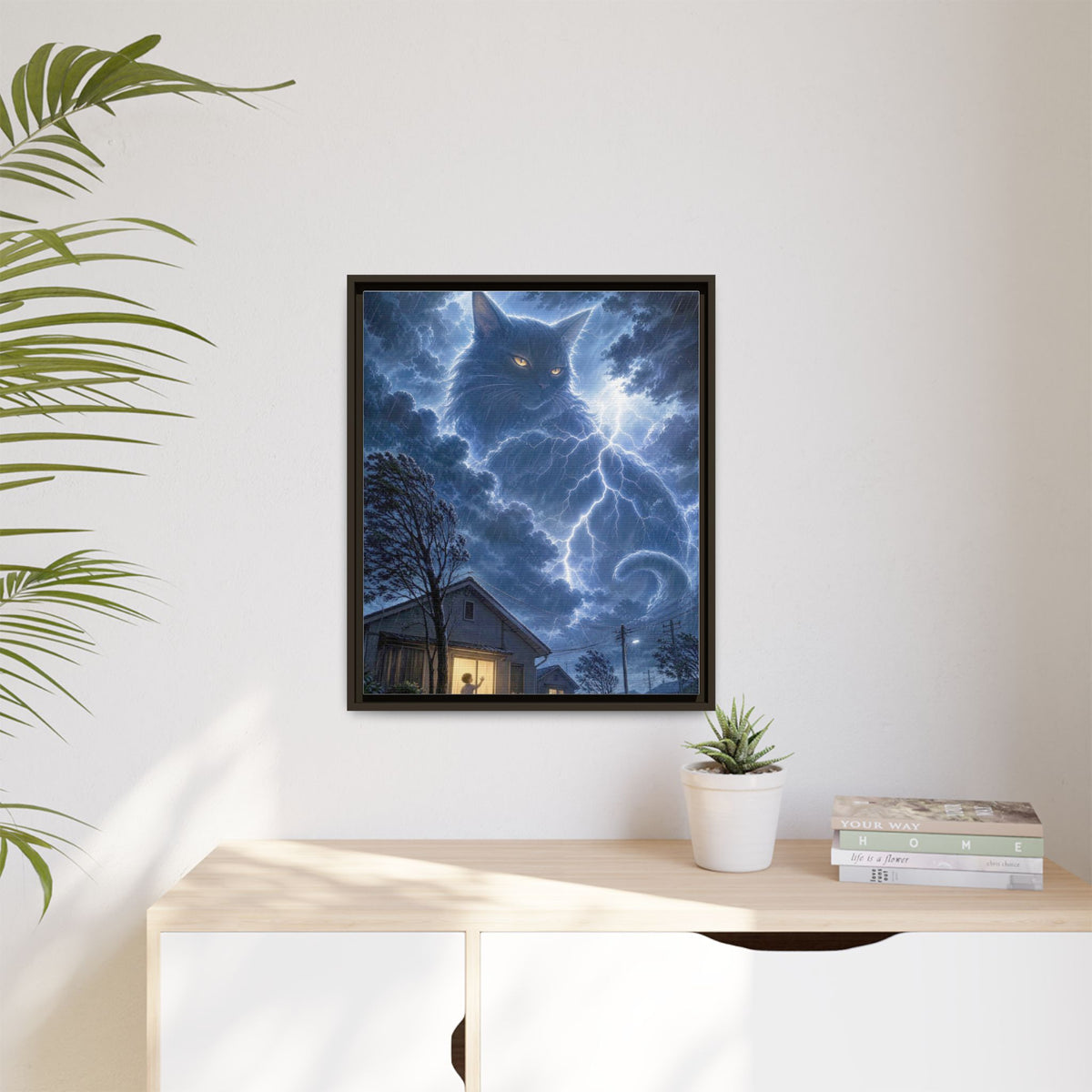 Never Fear the Storm — Lightning Cat Framed Matte Canvas