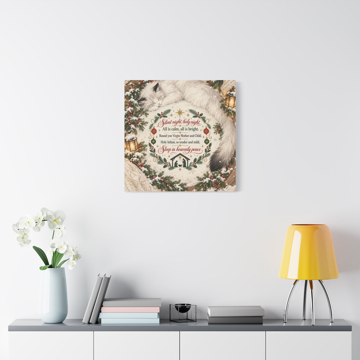 Silent Night Carol — Christmas Cat Nativity Canvas Wall Art