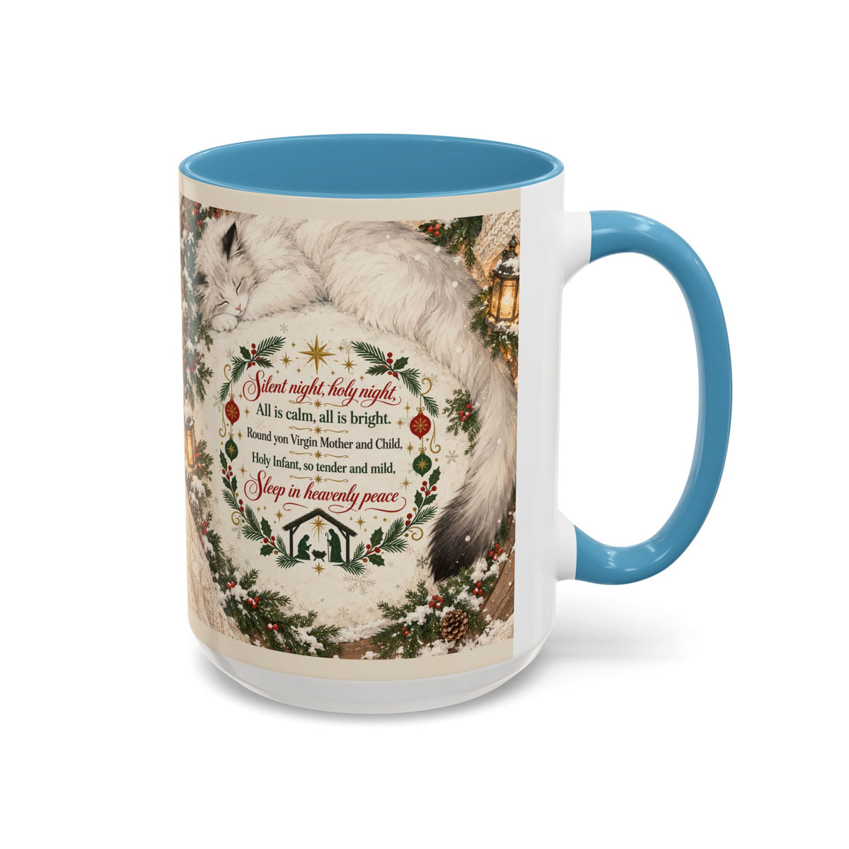 Silent Night Carol — Christmas Cat Accent Mug (11oz / 15oz)