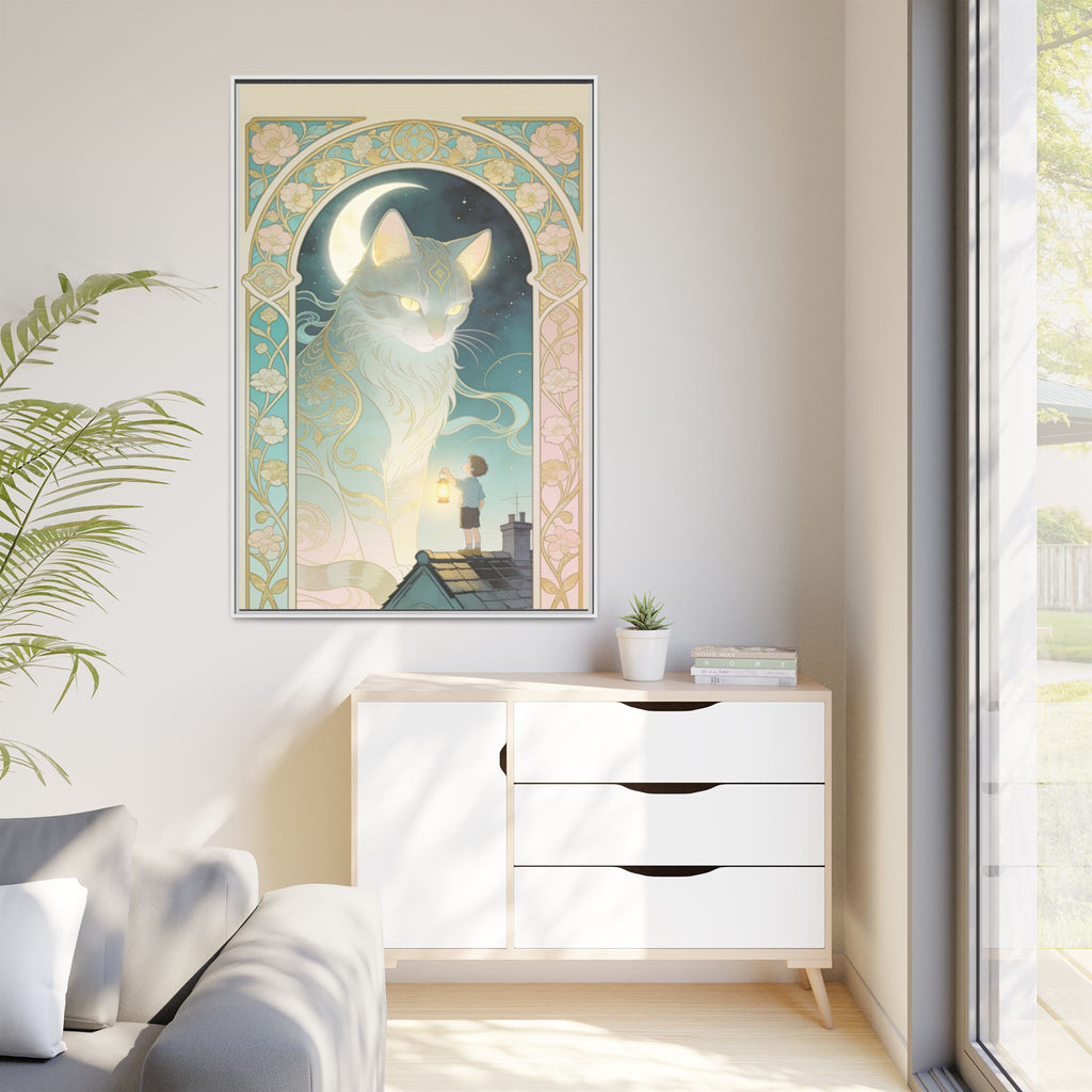 The Lantern Cat & Rooftop Boy - Framed Canvas Print