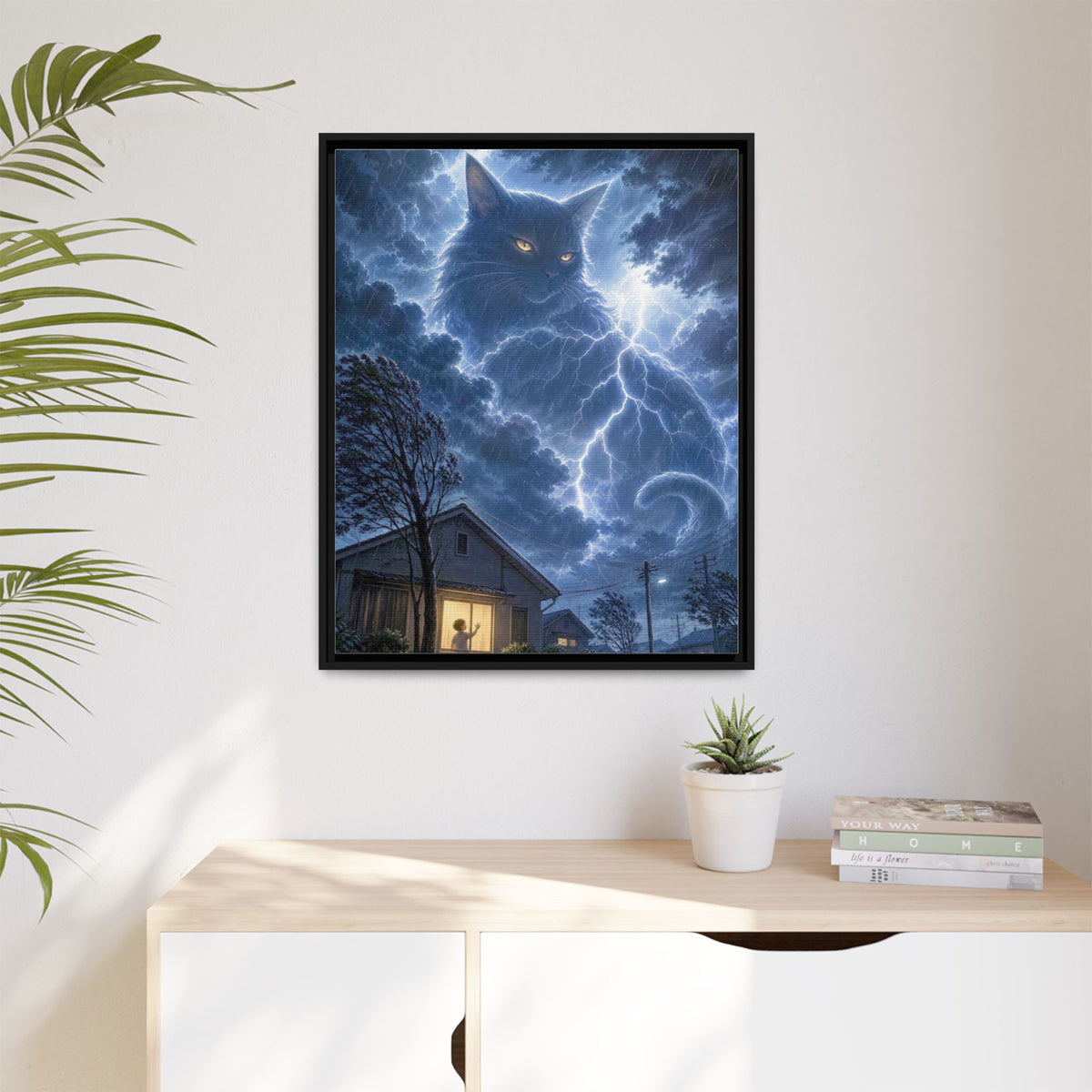Never Fear the Storm — Lightning Cat Framed Matte Canvas