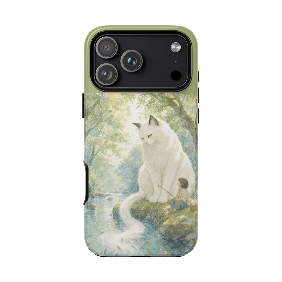 By the Stream, She Watches — Guardian Cat & Child iPhone Case
