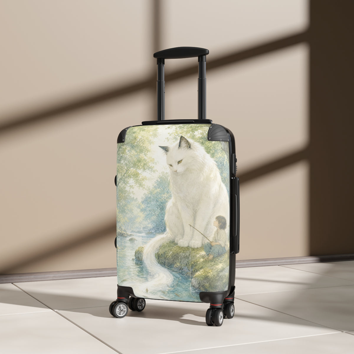 By the Stream, She Watches — Guardian Cat & Child Suitcase