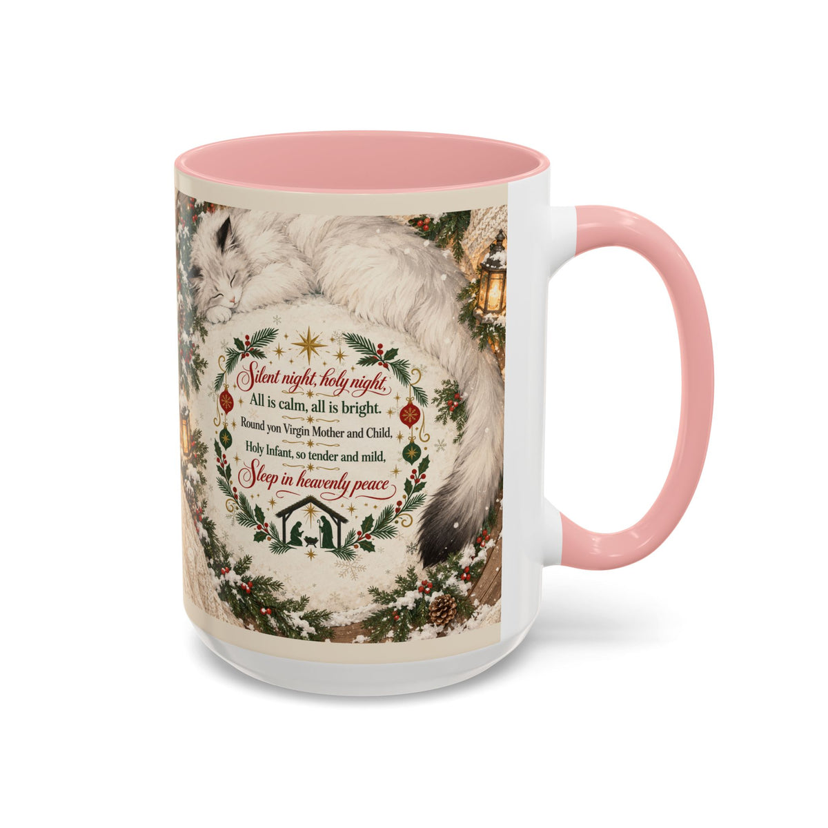 Silent Night Carol — Christmas Cat Accent Mug (11oz / 15oz)