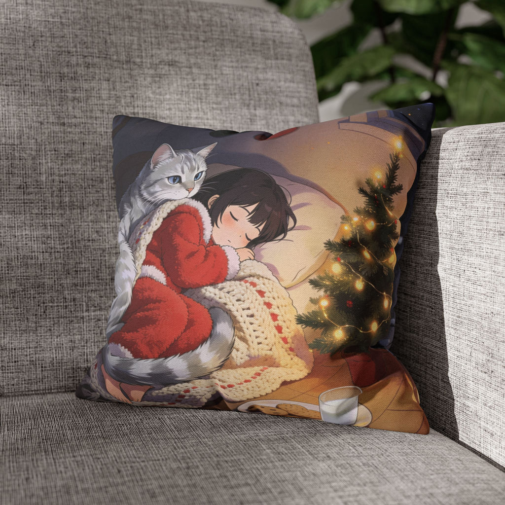 Christmas Cozy Cat Pillowcase — Spun Polyester Pillow Cover