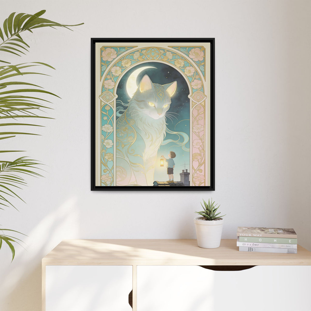 The Lantern Cat & Rooftop Boy - Framed Canvas Print