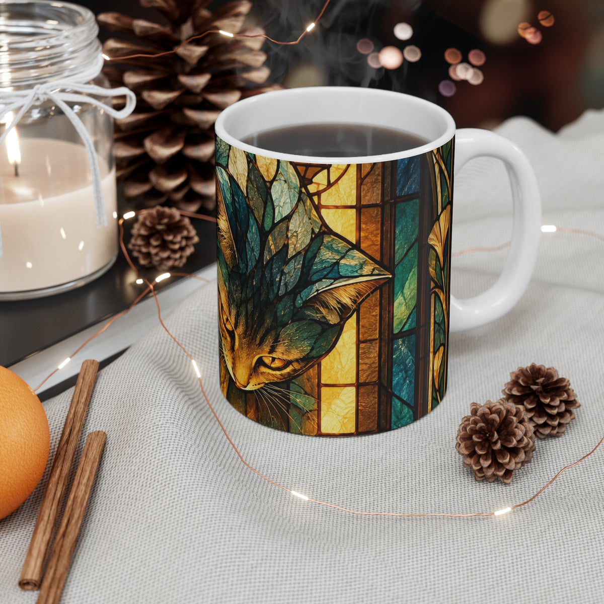 Glasslight Watch — Stained Glass Guardian Cat Ceramic Mug, 11 oz
