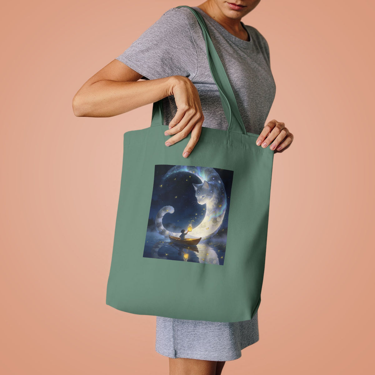 The Moon Keeps Watch — Moon Guardian Cat Cotton Tote Bag