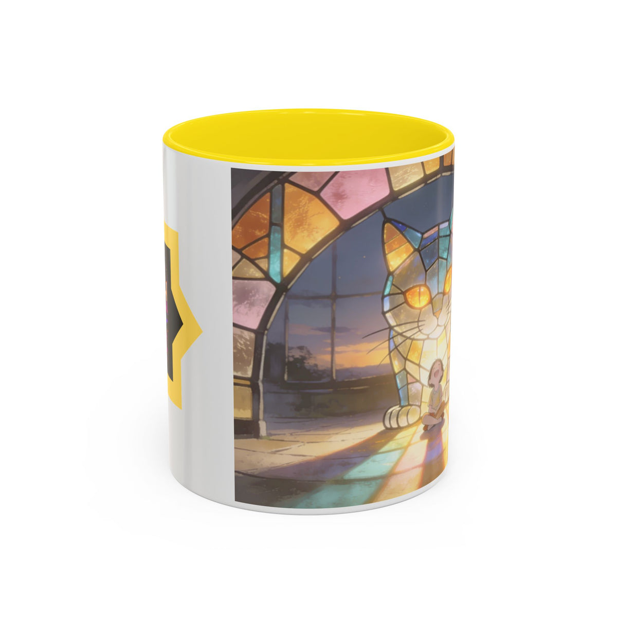 Glasslight Watch — Stained Glass Guardian Cat Accent Mug, 11 or 15 oz