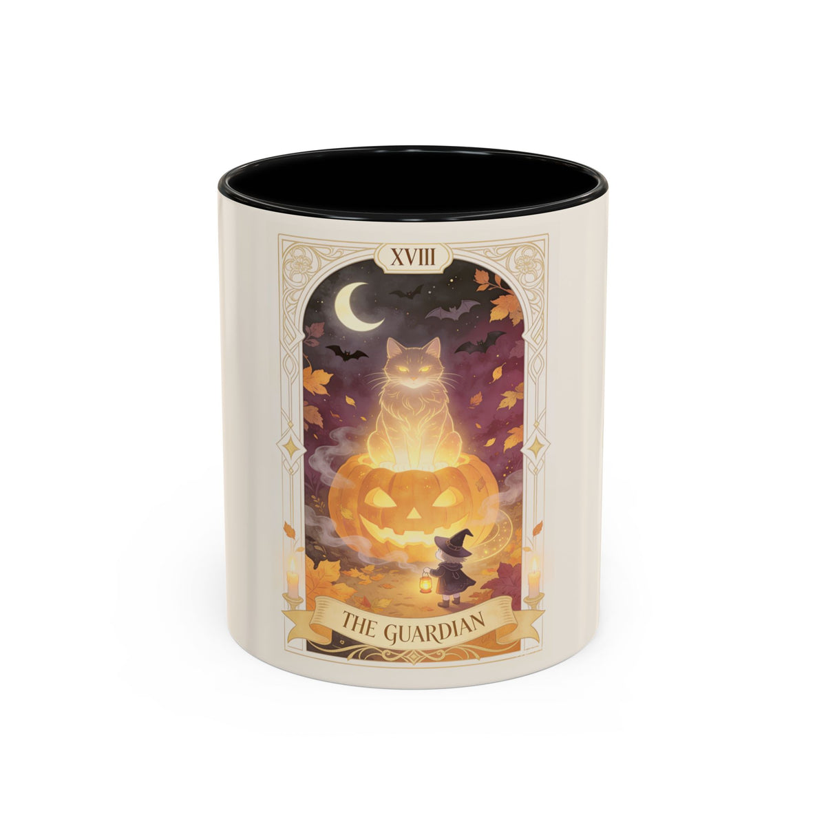 Card XVIII Draws Close — Guardian Tarot Cat & Pumpkin Accent Mug, 11 or 15 oz