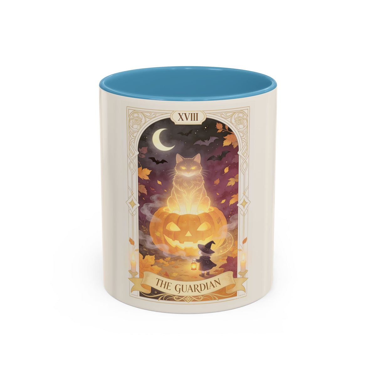 Card XVIII Draws Close — Guardian Tarot Cat & Pumpkin Accent Mug, 11 or 15 oz