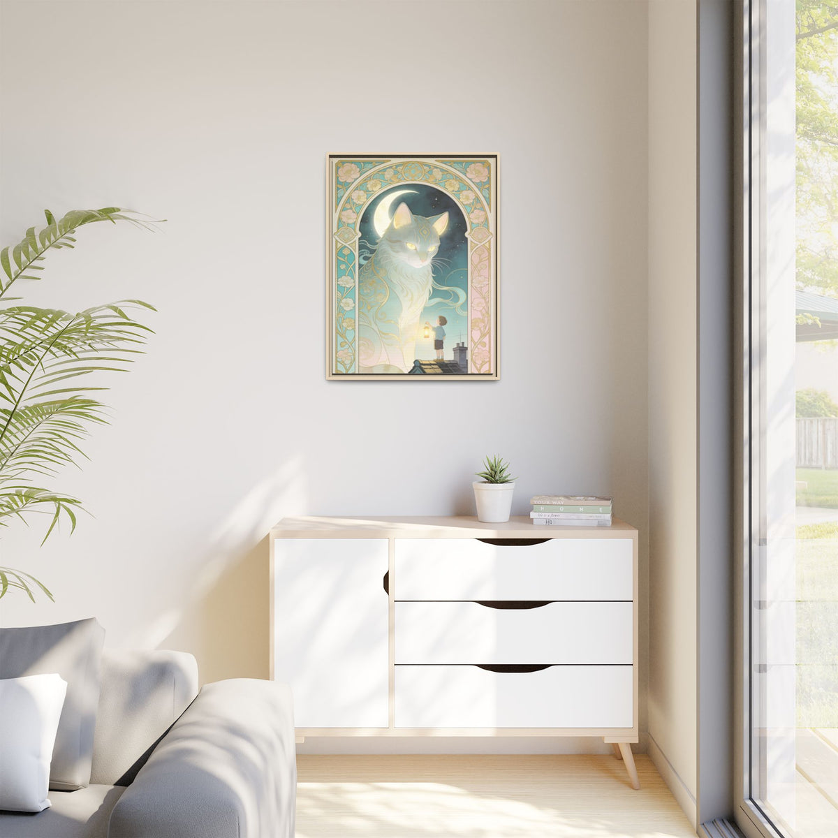 The Lantern Cat & Rooftop Boy - Framed Canvas Print