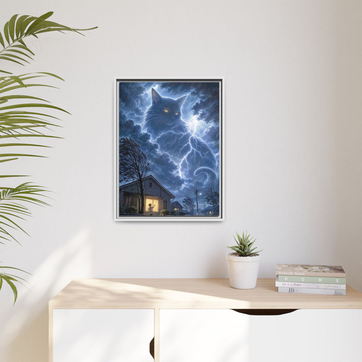 Never Fear the Storm — Lightning Cat Framed Matte Canvas