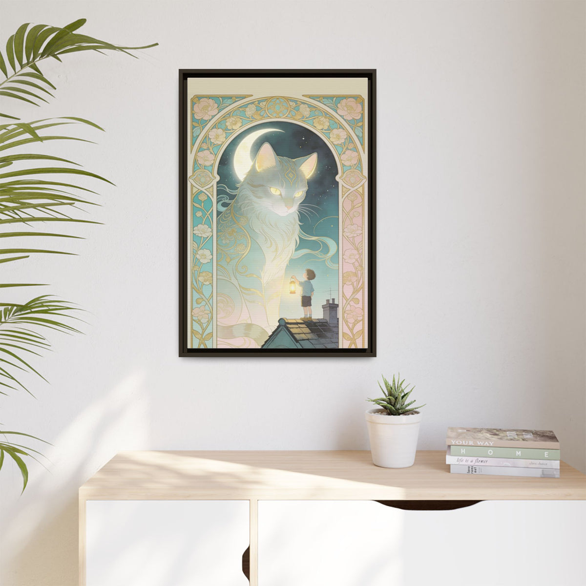 The Lantern Cat & Rooftop Boy - Framed Canvas Print