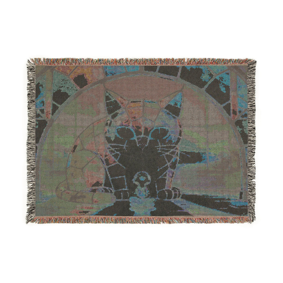 The Warm Window Watch — Stained Glass Cat Cotton Woven Throw, 52x37