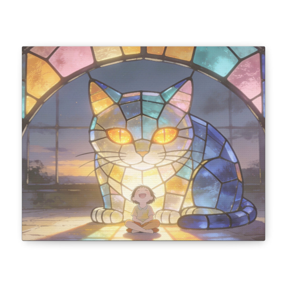 Sunset Sentinel — Stained Glass Cat Sunset Canvas Wall Art