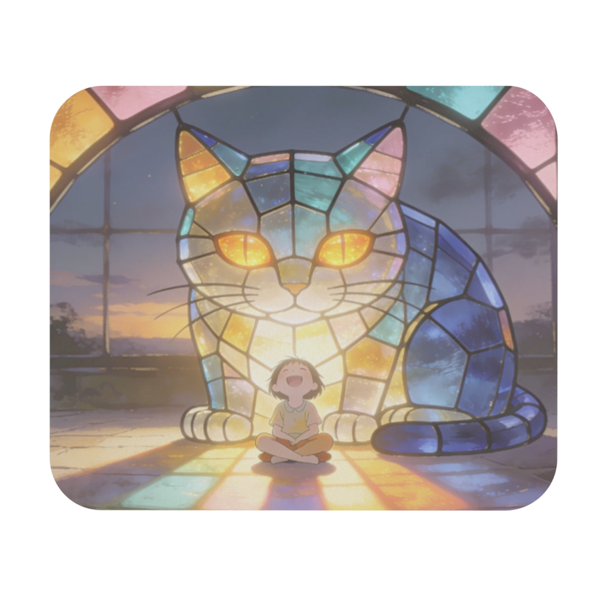The Little Watcher — Stained Glass Guardian Cat & Child Desk Pad, 9x8
