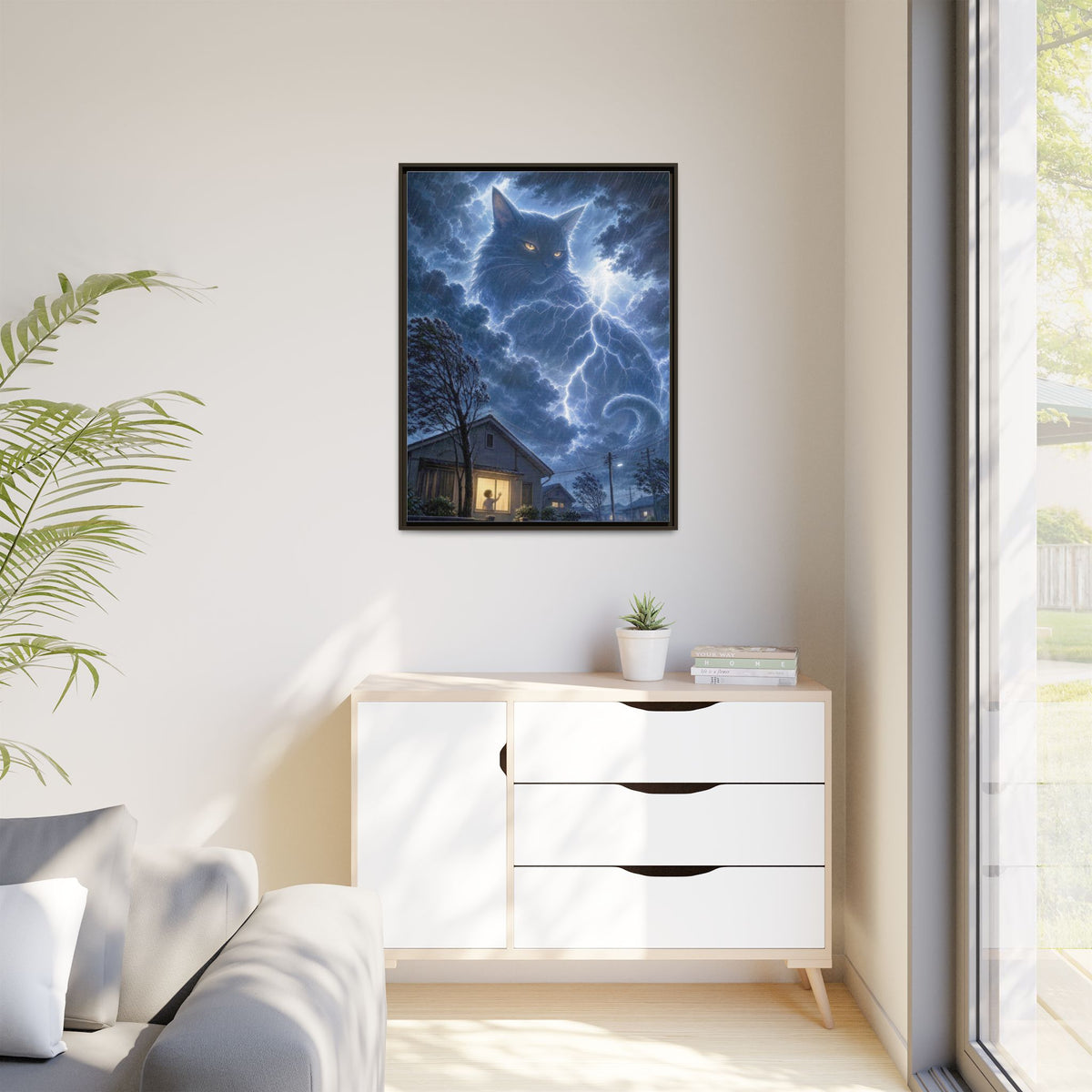 Never Fear the Storm — Lightning Cat Framed Matte Canvas
