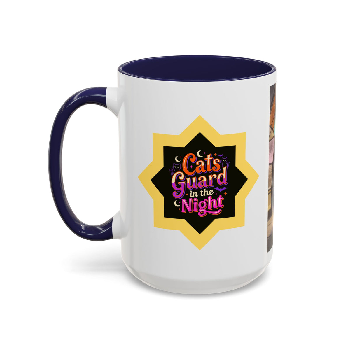Glasslight Watch — Stained Glass Guardian Cat Accent Mug, 11 or 15 oz