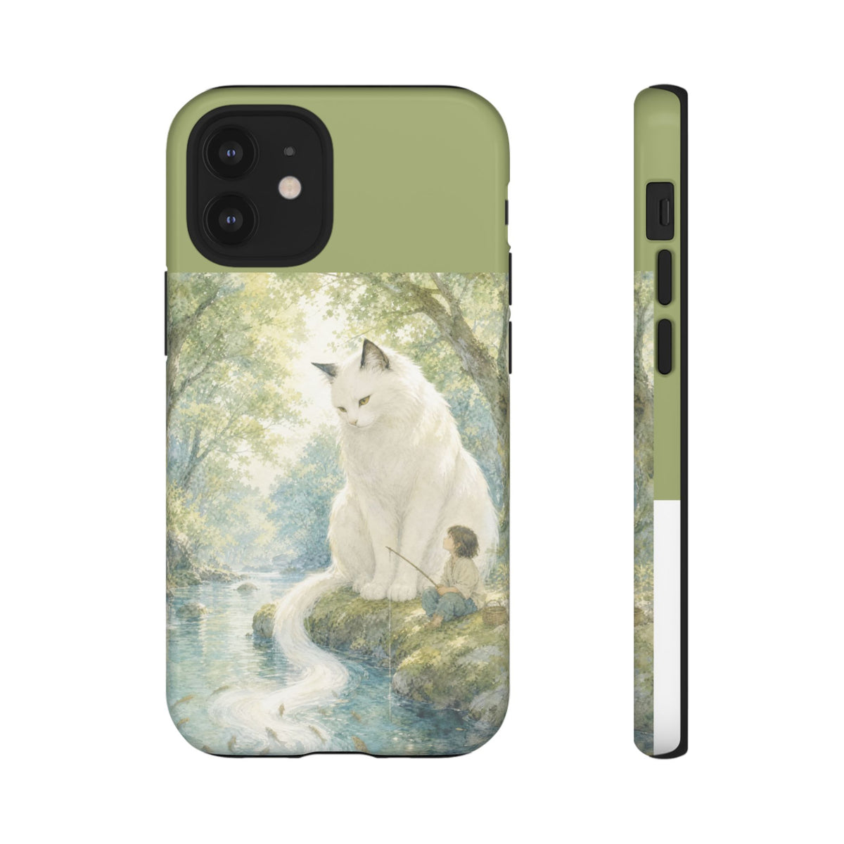 By the Stream, She Watches — Guardian Cat & Child iPhone Case