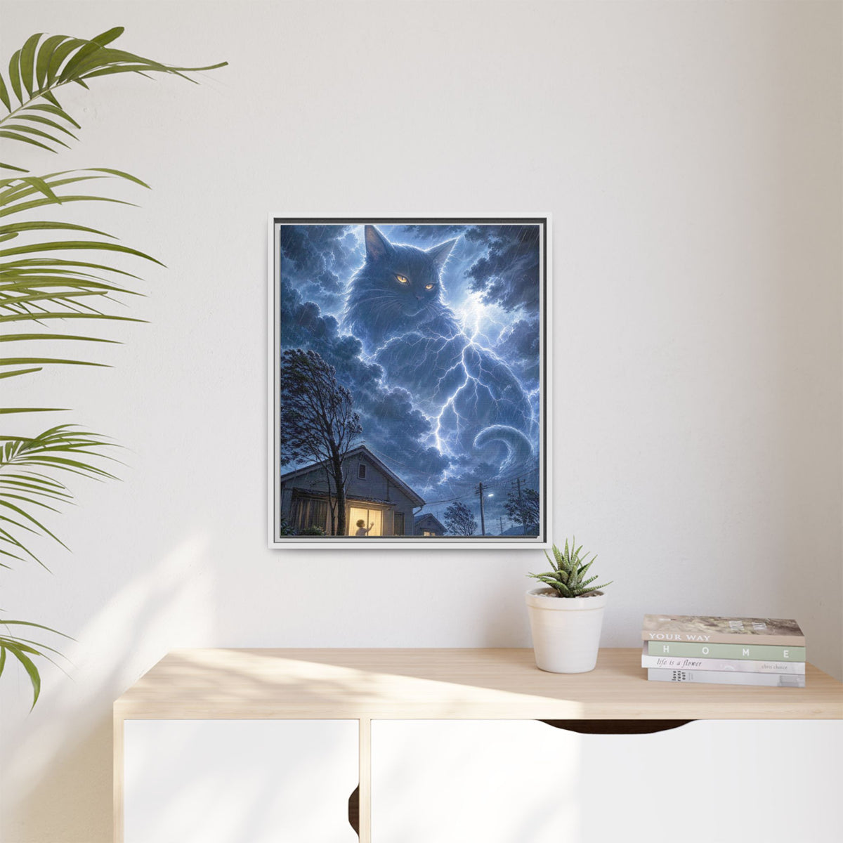 Never Fear the Storm — Lightning Cat Framed Matte Canvas