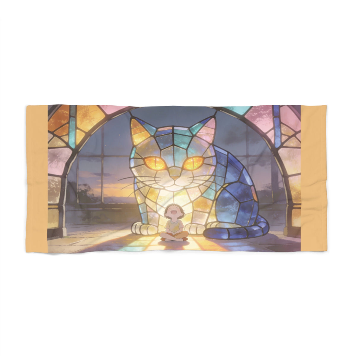 Sunlight Held in Glass — Stained Glass Cat Beach Towel, 30x60 or 36x72