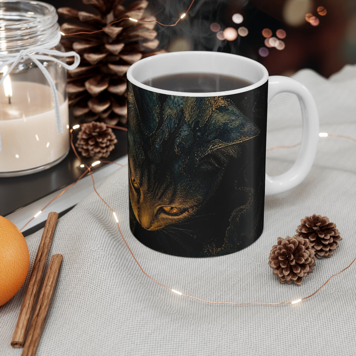 The Ink Guardian — Brushstroke Cat Ceramic Mug, 11 oz