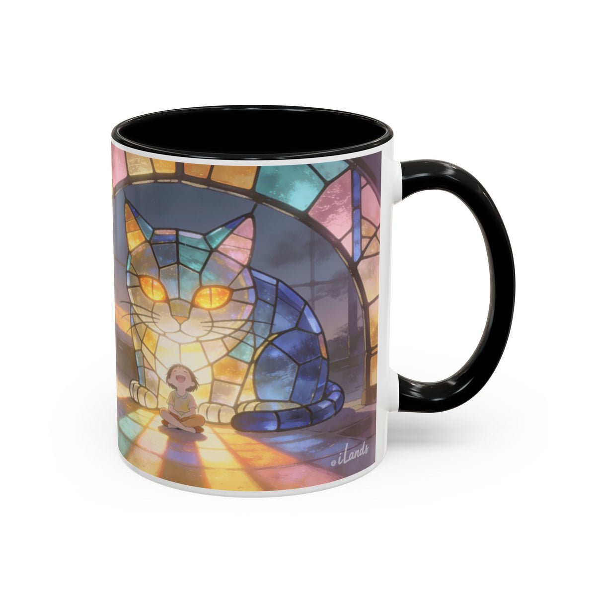 Glasslight Watch — Stained Glass Guardian Cat Accent Mug, 11 or 15 oz