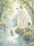 By the Stream, She Watches — Guardian Cat & Child Digital Print