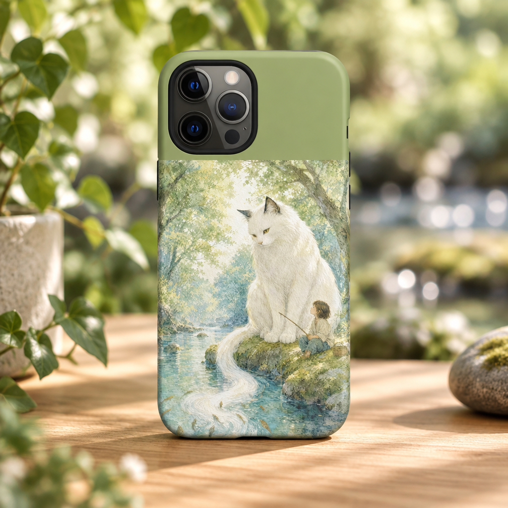 By the Stream, She Watches — Guardian Cat & Child iPhone Case