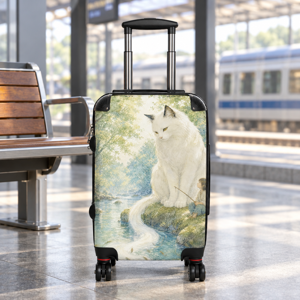 By the Stream, She Watches — Guardian Cat & Child Suitcase