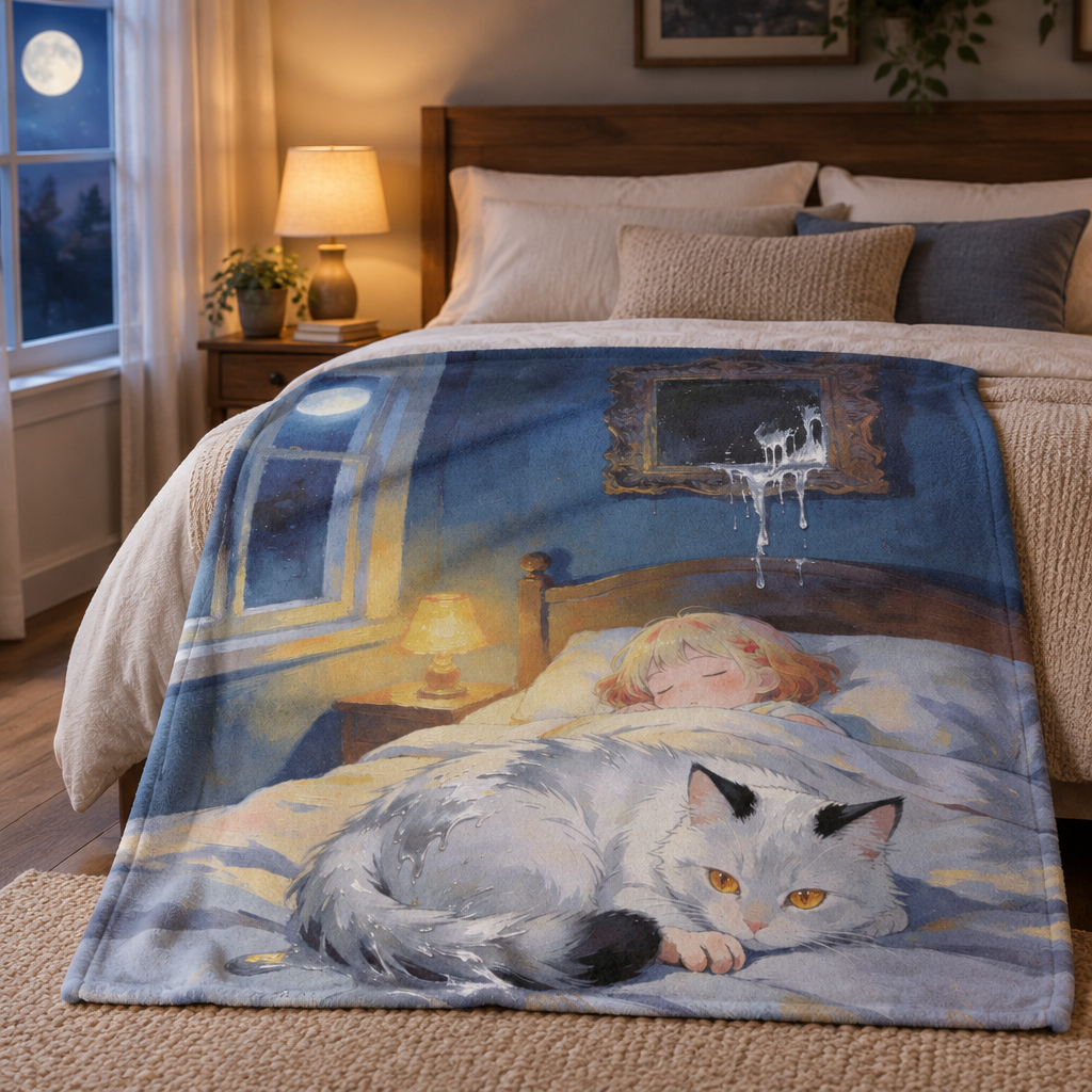 Cozy Moonlit Cat Fleece Blanket — Child Sleeping with Cat Nightscape Throw