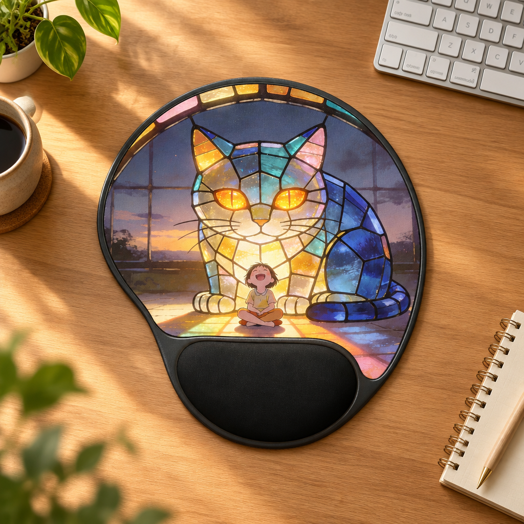 Glasswork Guardian — Stained Glass Cat Desk Pad with Wrist Rest