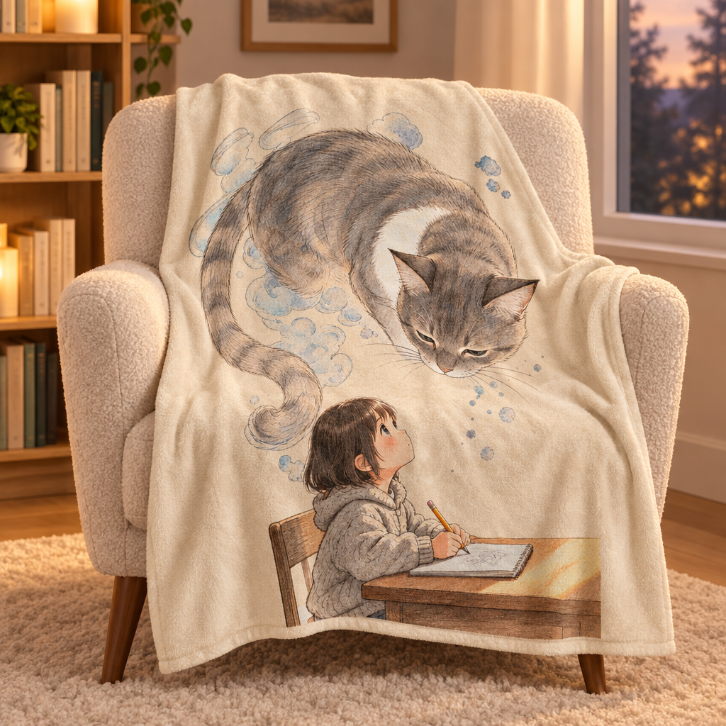 Guarded Dreams — Child & Cat Velveteen Plush Throw Blanket