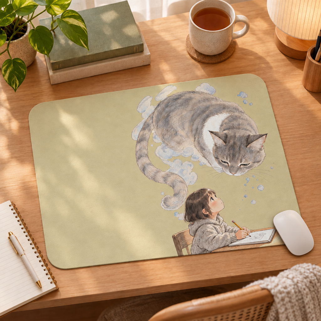 Guarded Dreams — Child & Cat Watercolor Desk Mat
