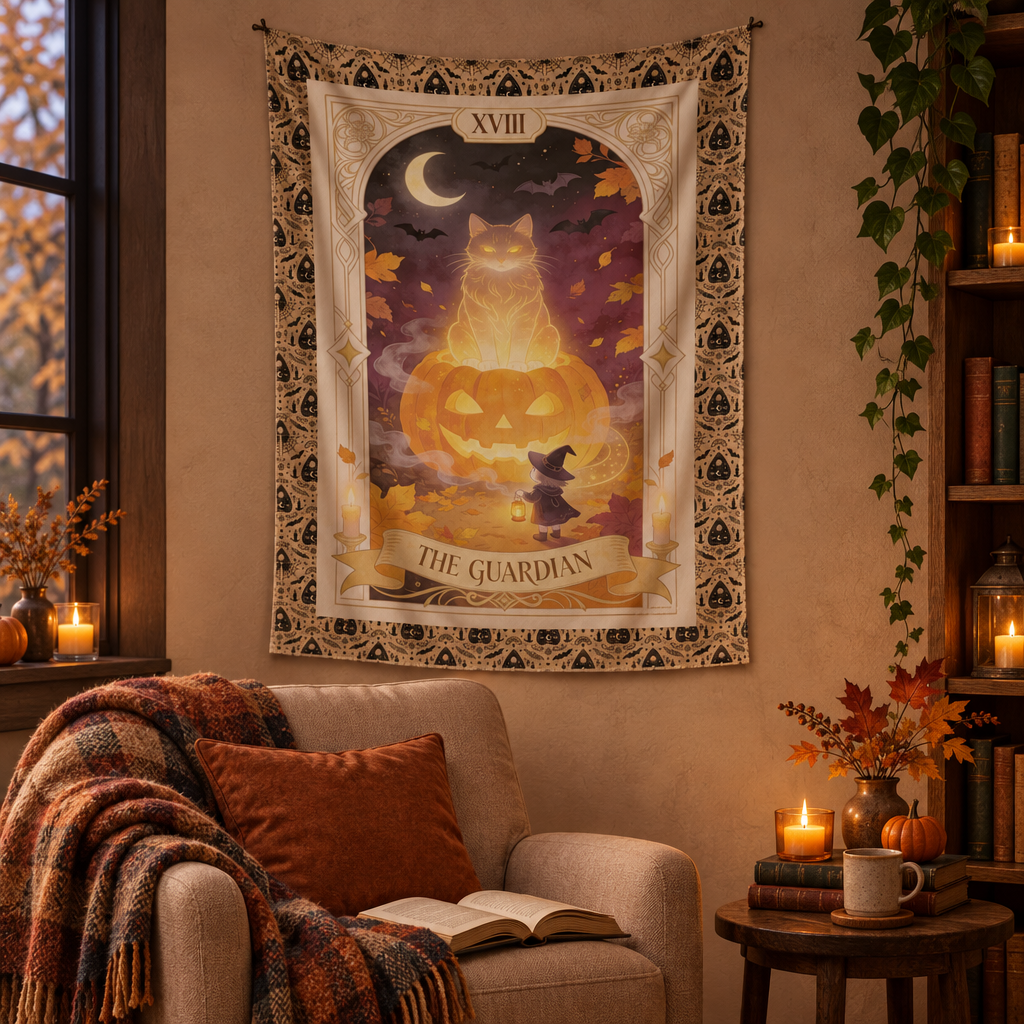 Guardian of the Doorway — Tarot-Style Halloween Cat Tapestry