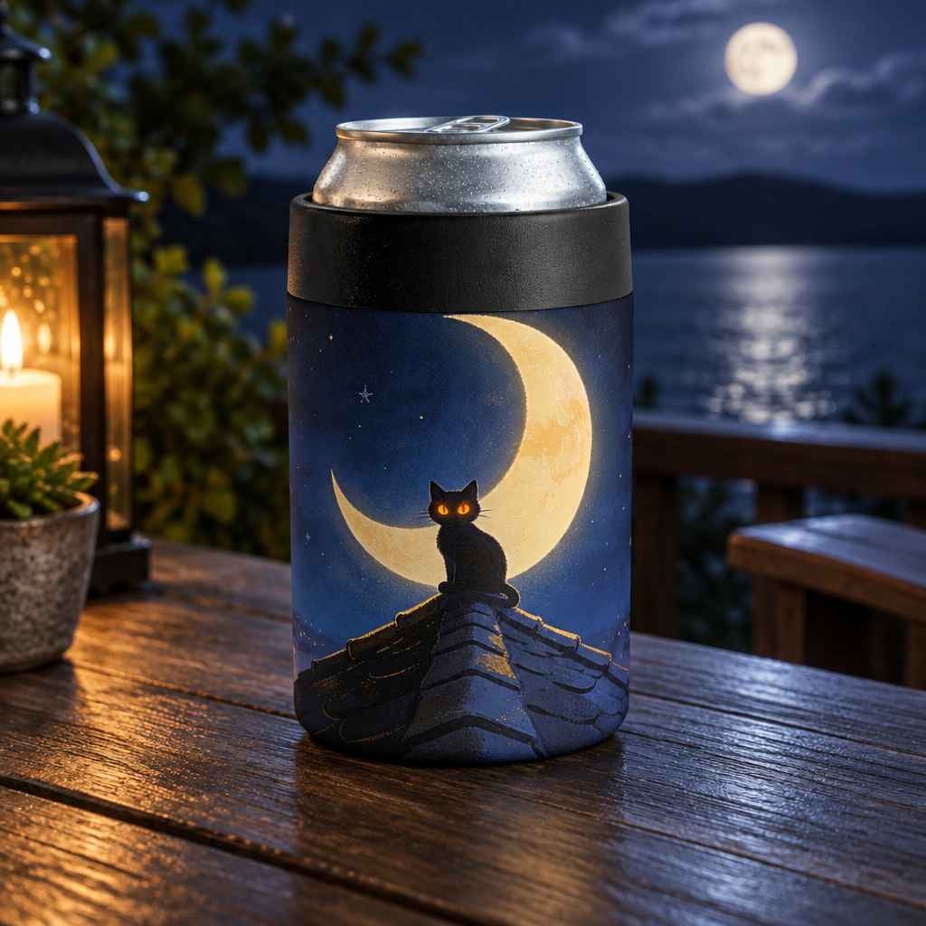 Held Under Starlight — Cat & Moon 12oz Can Holder