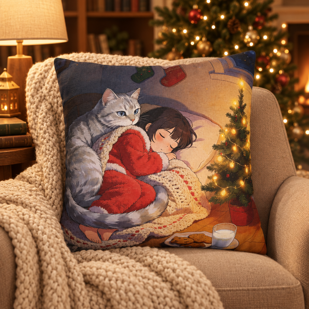 Christmas Cozy Cat Pillowcase — Spun Polyester Pillow Cover