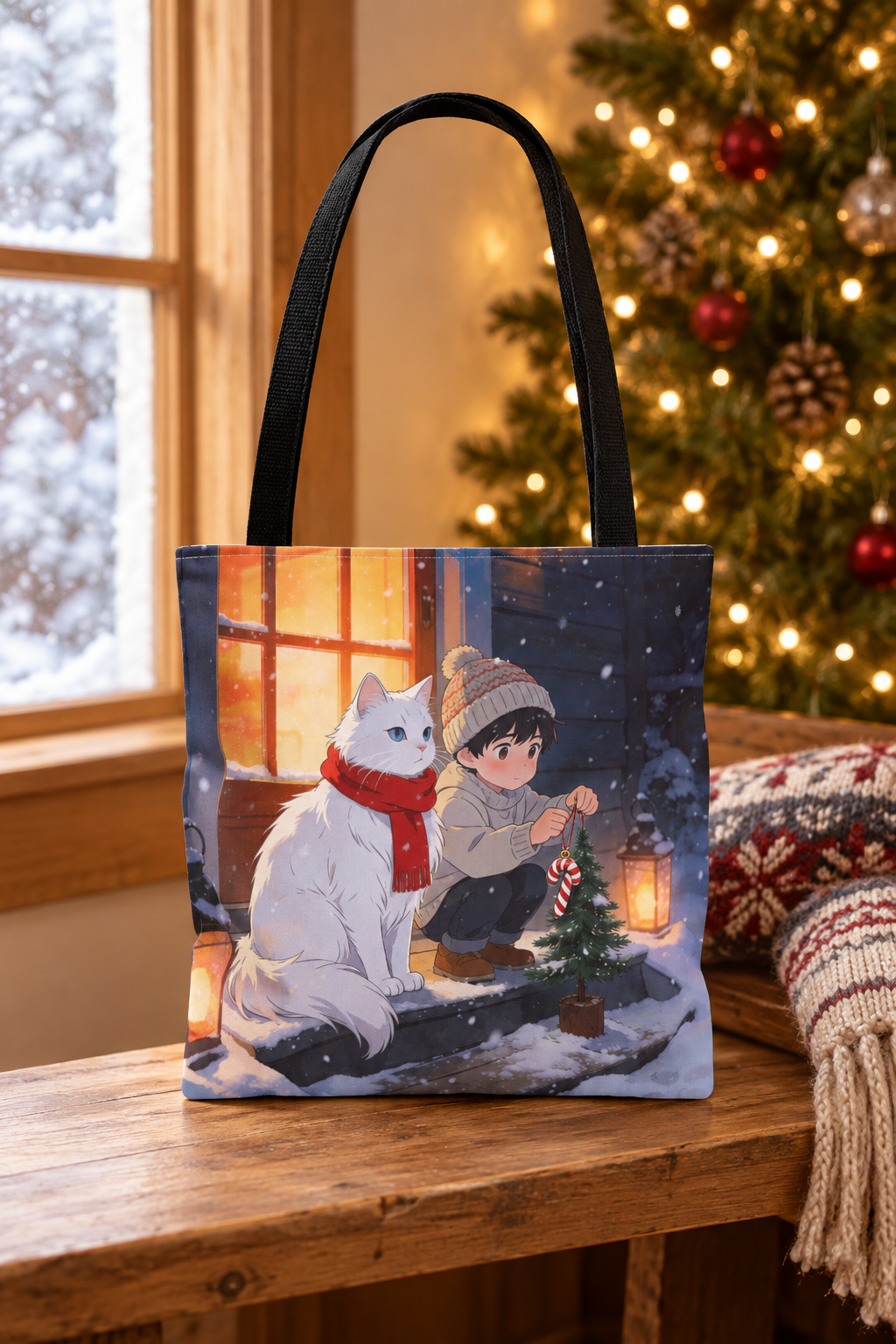 Cozy Christmas Cat Winter Scene - Tote Bag