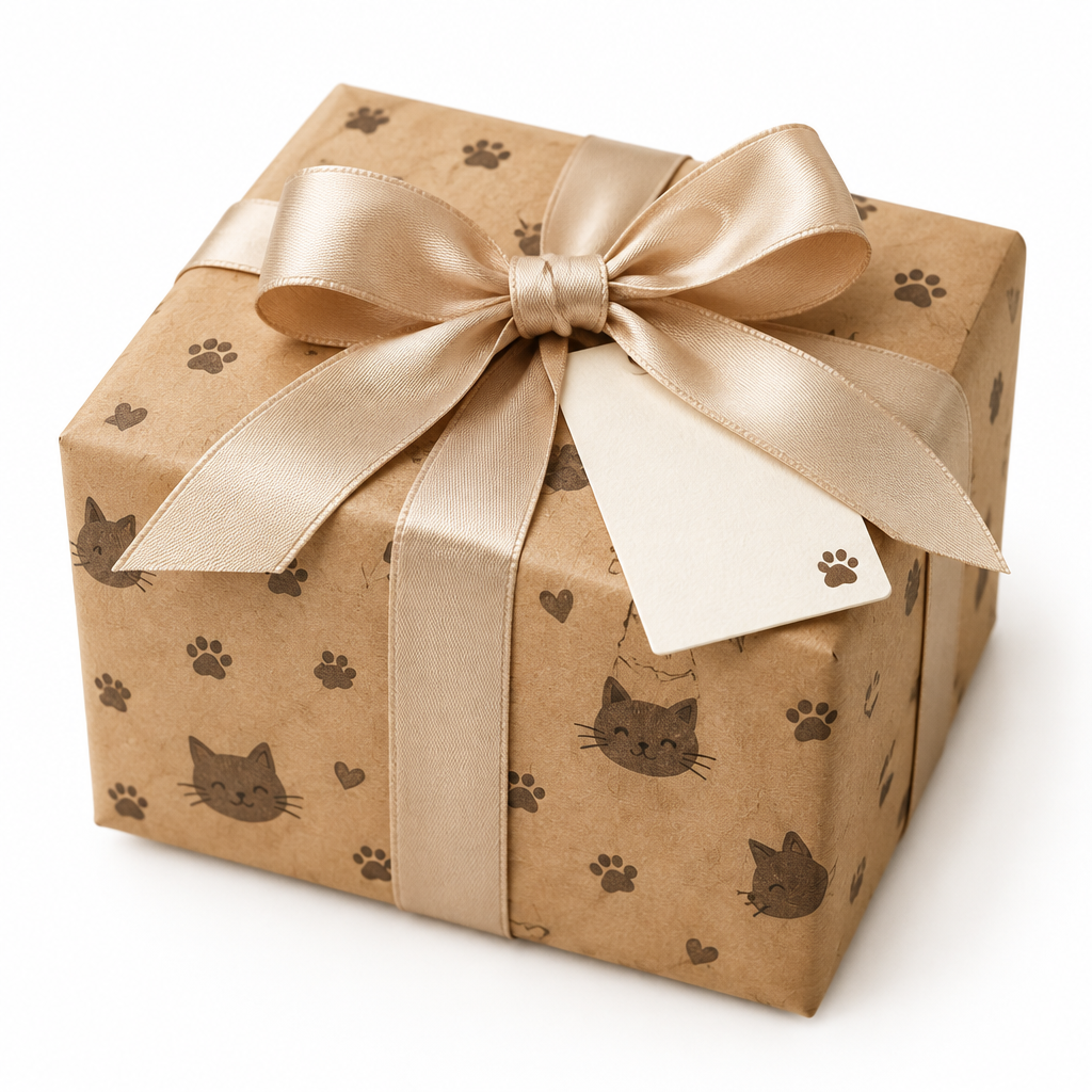 Beautifully wrapped gift box with cat-themed wrapping paper, satin ribbon bow, and greeting card