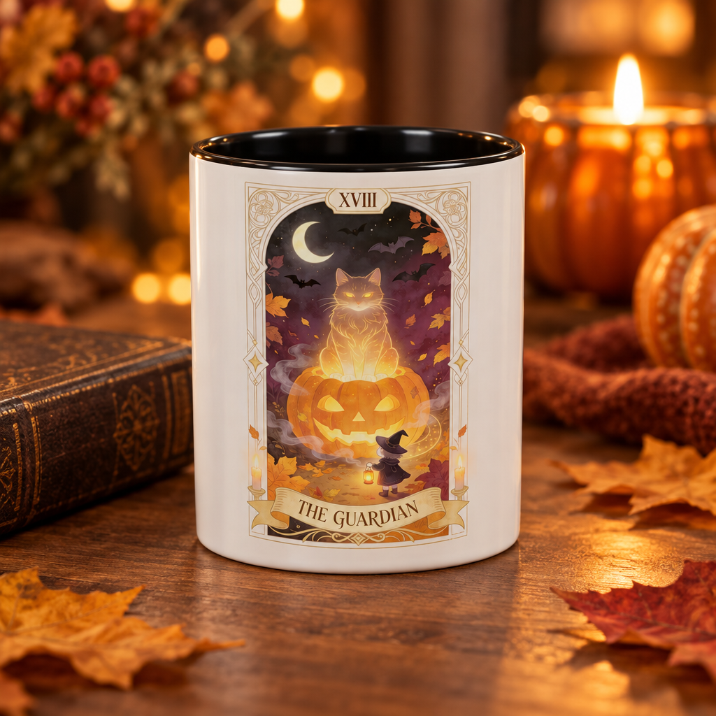 Front-facing tarot-style guardian cat and pumpkin artwork on a white accent mug, with the handle behind the print.