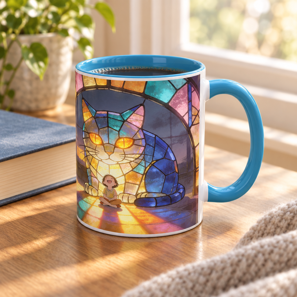 White accent mug with stained-glass guardian-cat artwork, blue interior and handle, beside a book.