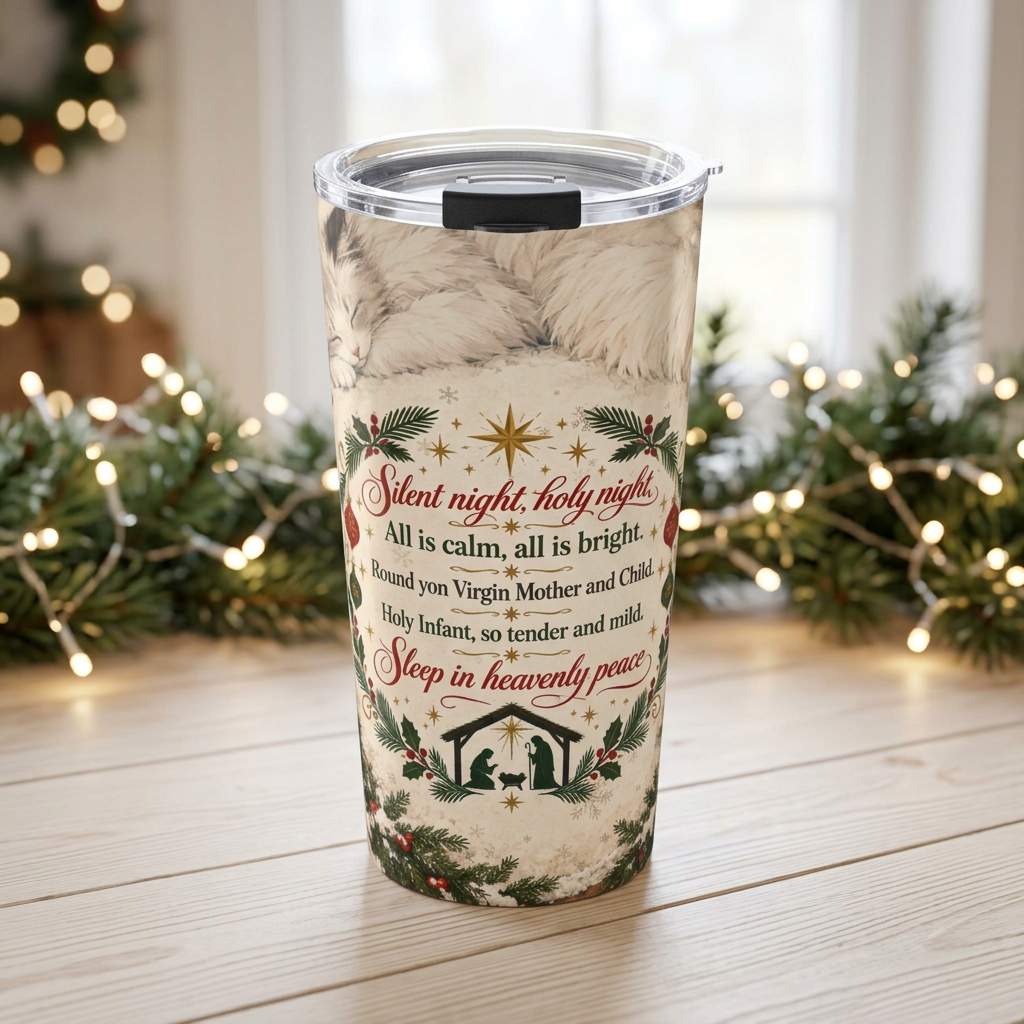 20 oz tumbler with clear lid, sleeping white cat artwork, Silent Night lyrics, and a small nativity scene.